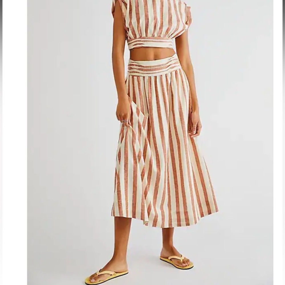 Free People Canyon Cotton Linen Blend Striped Midi Skirt Pockets Cottagecore | L - Picture 4 of 16
